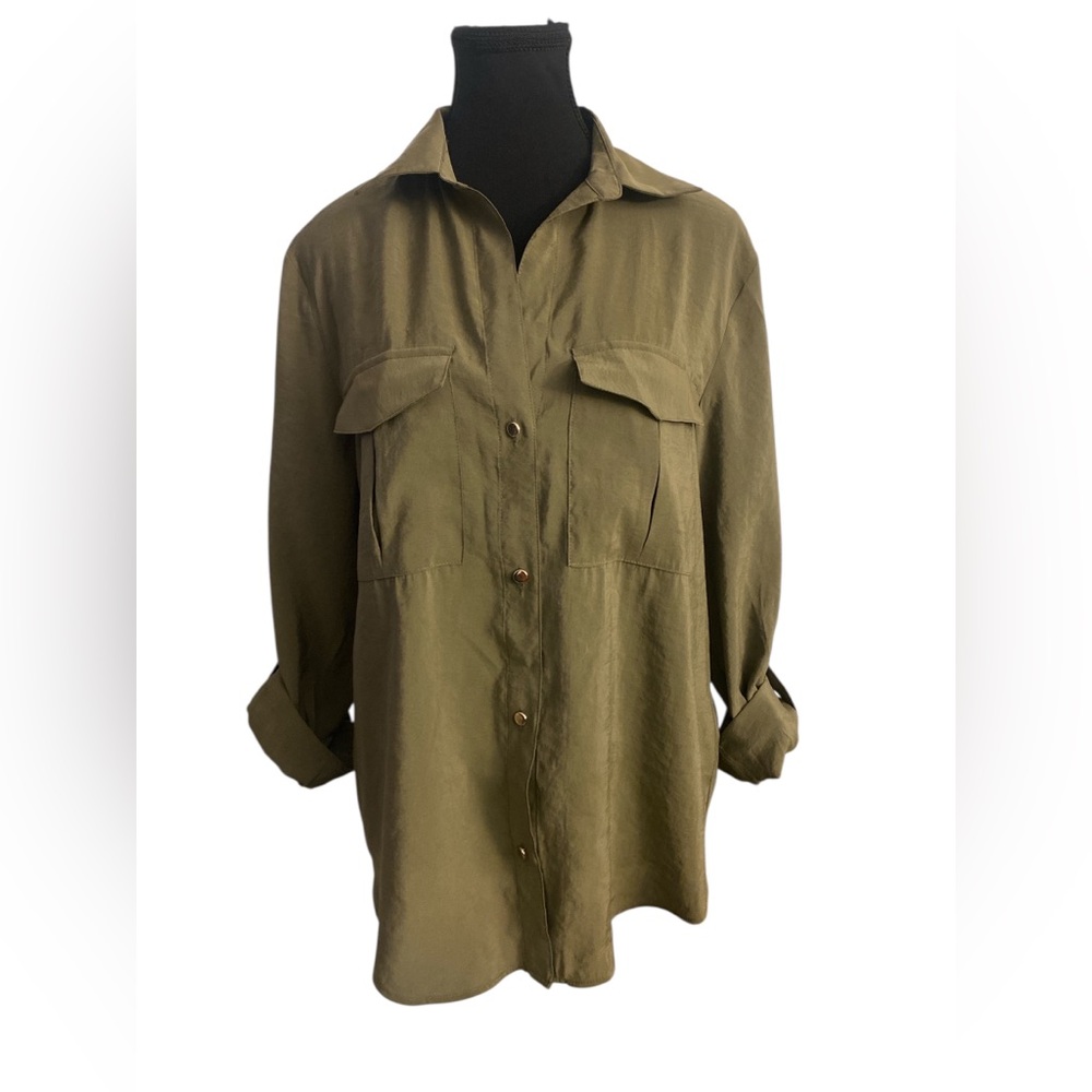 H&M Olive Green Boxy Button Down Shirt NWT S